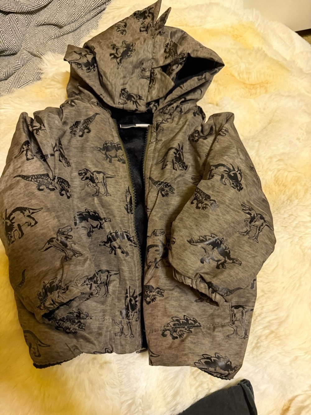 Kids Dinosaur Print Hooded Puffer Jacket - Gray